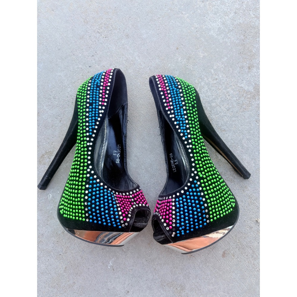Y2K Mascotte Scene Neon Studded Platform Peep Toe Pumps Black Multi Color